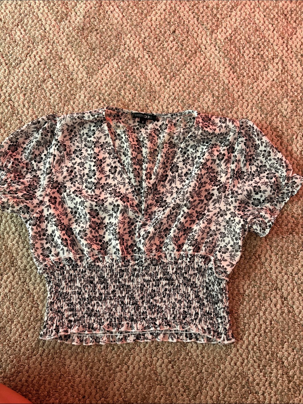 Papermoon black Floral Smocked-Waist V-Neck Crop Top